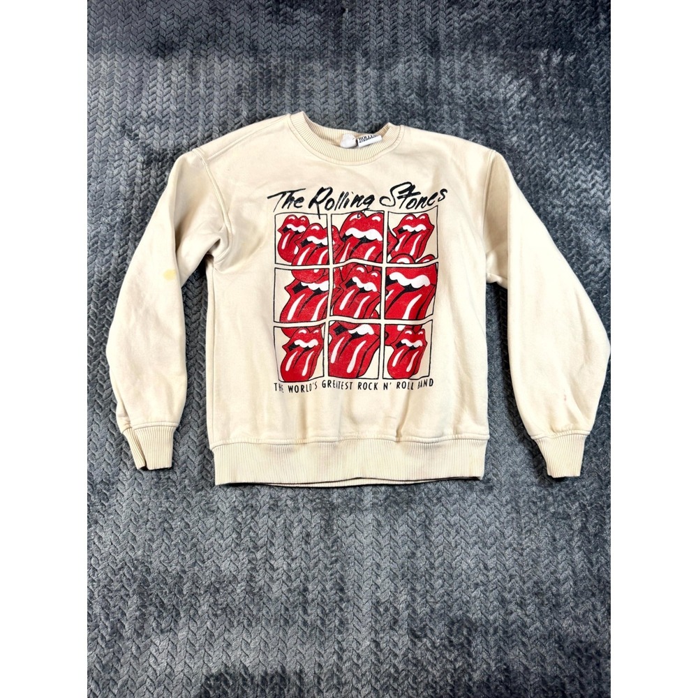 Zara Sweatshirt Kids 13 14 Beige The Rolling Stones Graphic Print Fleece Lined